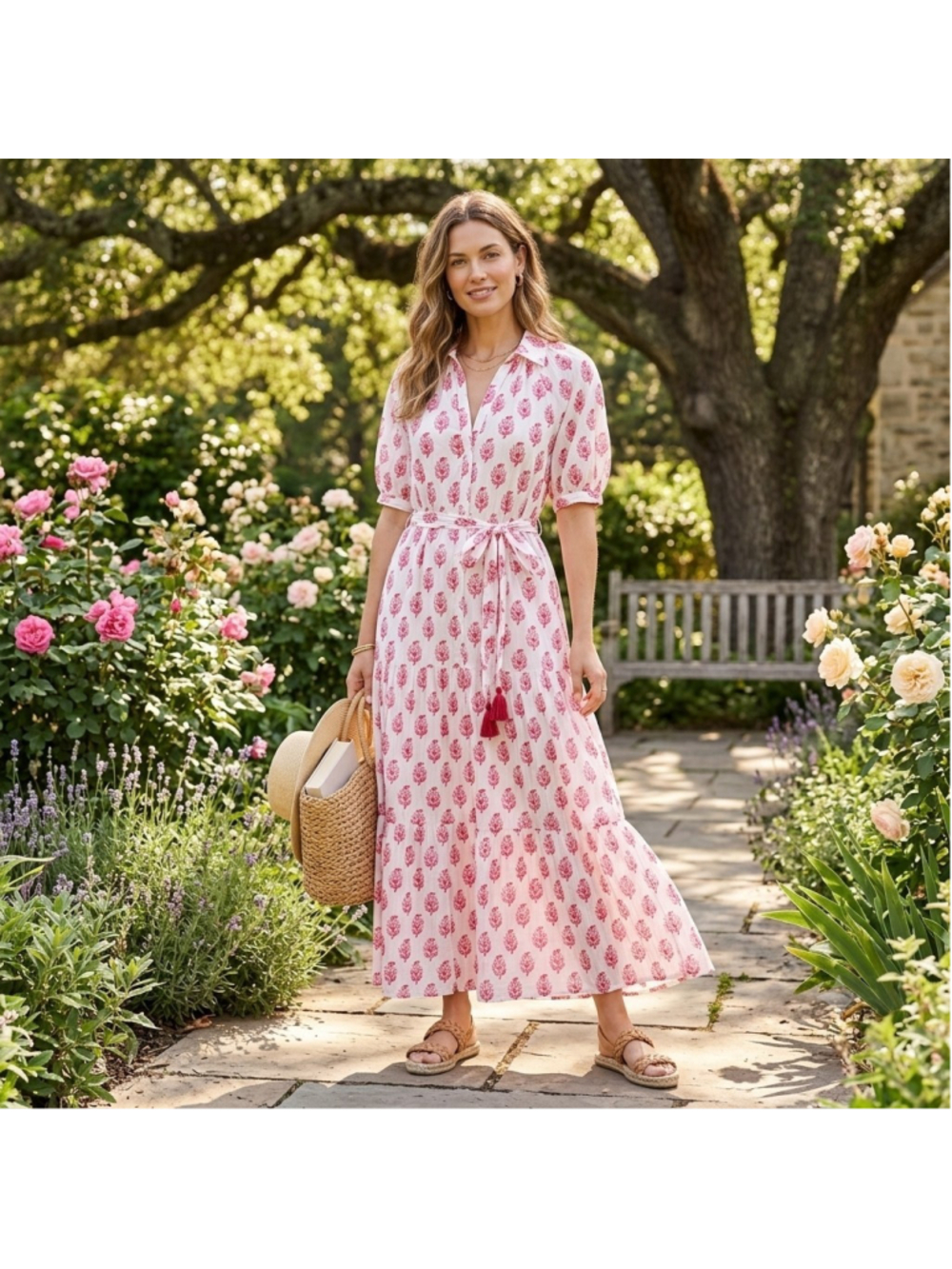 Roller Rabbit x Target Maxi Dress Pink Block Print Tiered Cotton Med Boho Chic